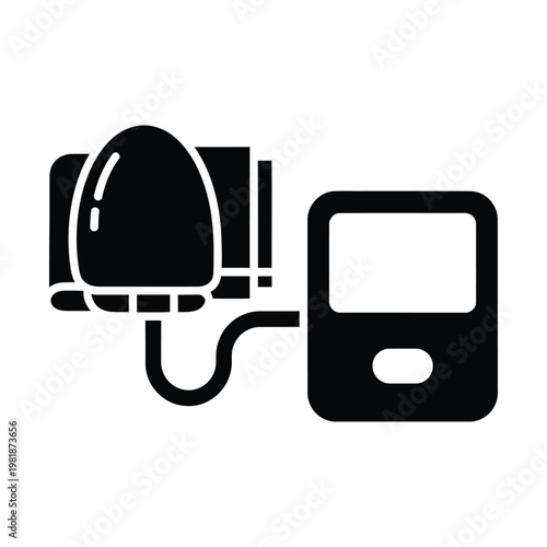 Digital blood pressure monitor icon, black silhouette medical tonometer vector, automatic sphygmomanometer for hypertension health tracking, clinical diagnostic equipment