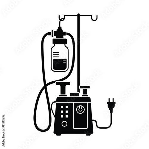 Medical suction machine silhouette vector, surgical vacuum pump with drainage bottle and power plug, hospital aspiration equipment icon for healthcare and surgery