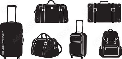 Suitcase Luggage Silhouette, Travel Gear Black Vector Isolated on White Background