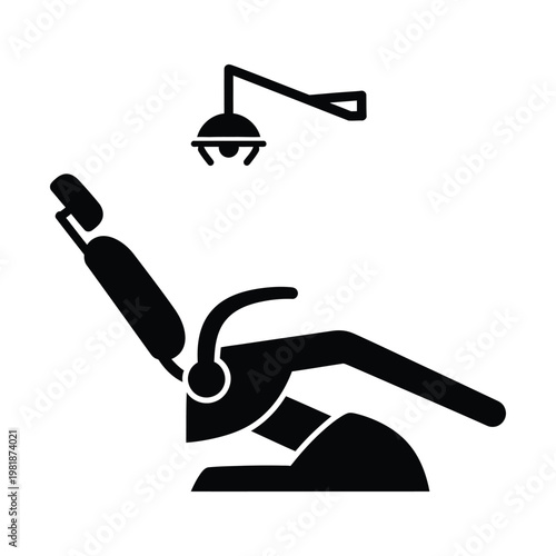 Dental chair icon with overhead surgical lamp, black silhouette of stomatology equipment, professional dentist office furniture vector for medical clinic signage