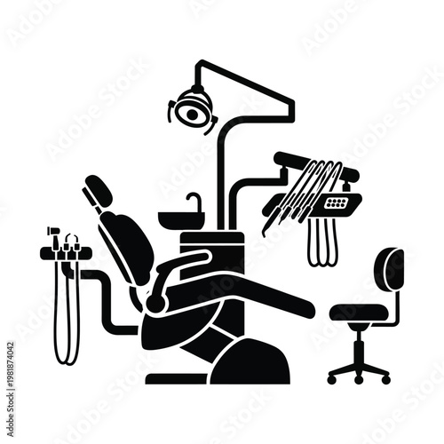 Dental chair vector silhouette, professional stomatology equipment with examination light and tools, modern dentist office workstation icon for medical healthcare design