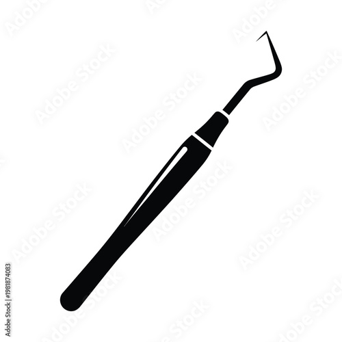 Dental explorer hook icon in black silhouette style, professional dentist probe tool vector, medical stomatology equipment for tooth examination and oral hygiene care