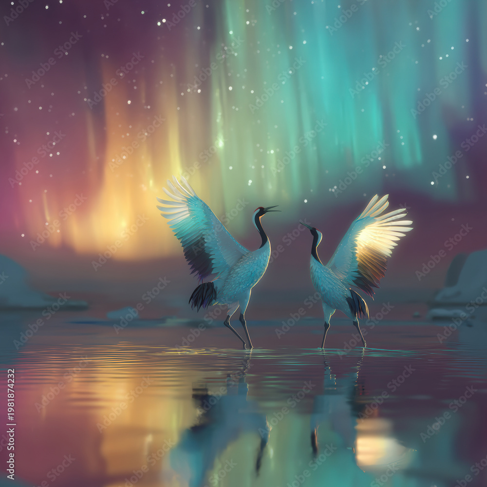 Fototapeta premium Dancing crane aurora night water reflection star sky bird nature elegant grace in tranquil landscape