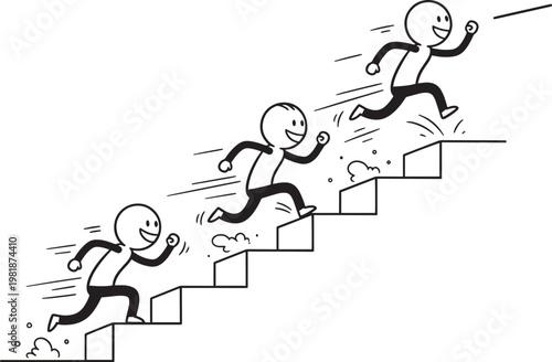 Cartoon stick figures running up the stairs, success and progress concept