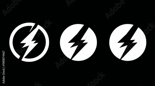 Set of white lightning bolt icons in circles on a black background, symbolizing speed, power, energy, and electricity for graphic design.