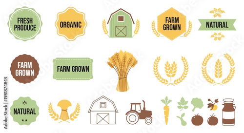 Farm and nature inspired icons for organic produce and natural food labels