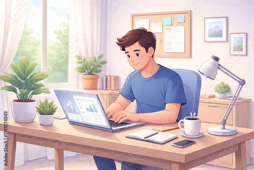 A young man working on his laptop from a home office, with a bright window and plants creating a pleasant atmosphere for productivity and remote work