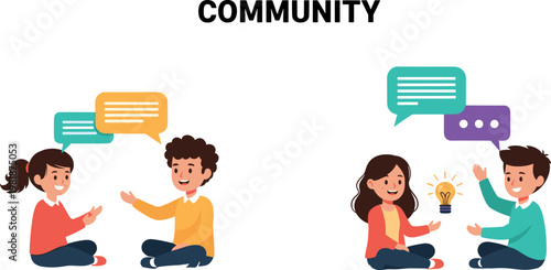 Cartoon-Style Characters Engaging in Conversations and Sharing Ideas, Representing Community and Collaboration Concept