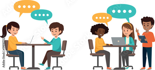 Cartoon-Style People Having Conversations in Groups with Laptops and Tablets, Featuring Communication and Teamwork Concept