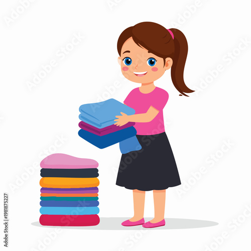 A young girl holding a stack of colorful towels next to another stack.