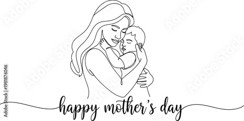 Continuous single line drawing of mother and child with happy mothers day text love and care concept minimalist illustration