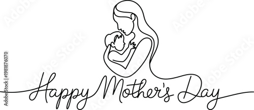 Continuous single line drawing of mother and child with happy mothers day text love and care concept minimalist illustration