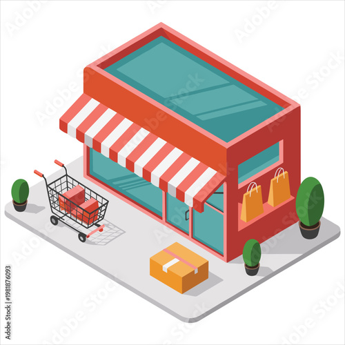 Isometric red retail store building with shopping cart and delivery box