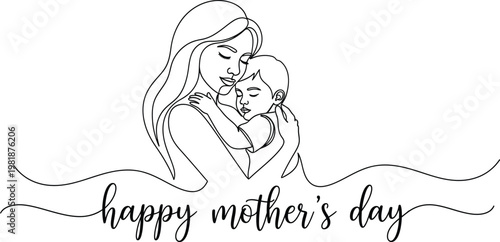 Continuous single line drawing of mother and child with happy mothers day text love and care concept minimalist illustration