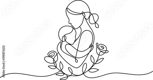 Continuous single line drawing of mother and child with happy mothers day text love and care concept minimalist illustration