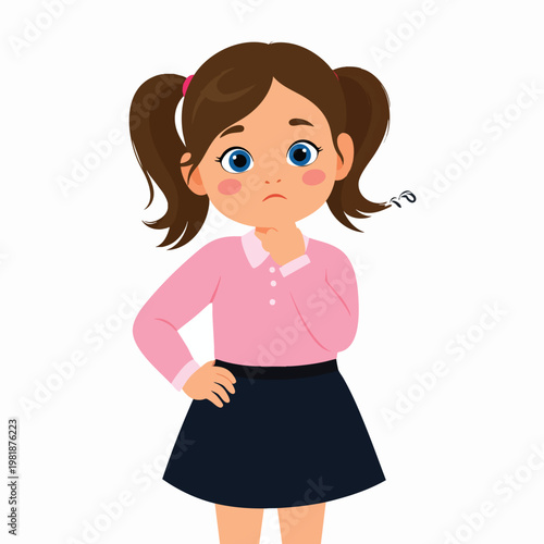 A cartoon girl with pigtails and a pink shirt looks puzzled indoors.