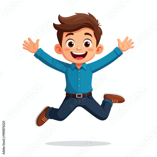 A joyful boy jumping in the air with excitement and happiness
