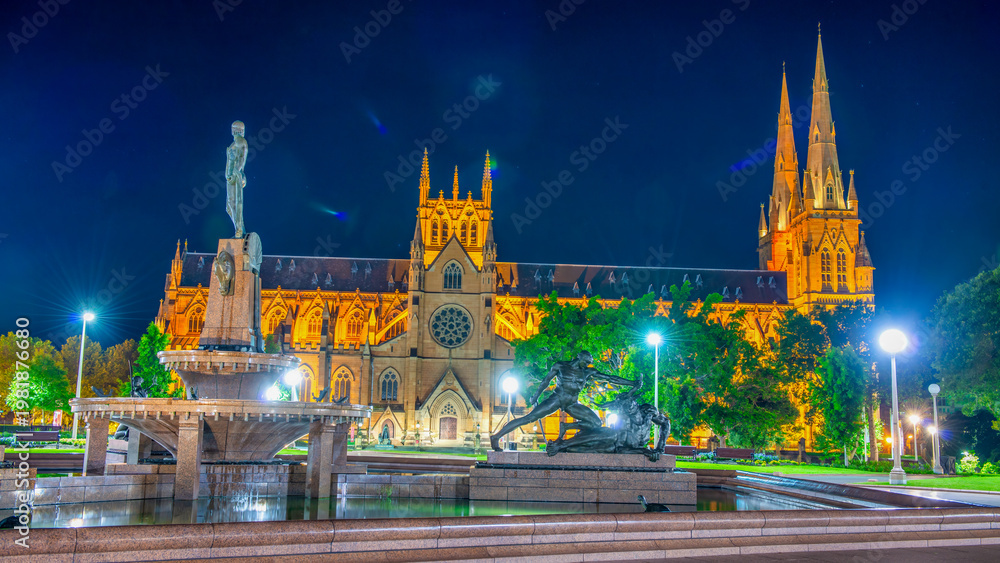 Naklejka premium St Mary Cathedral at night in Sydney