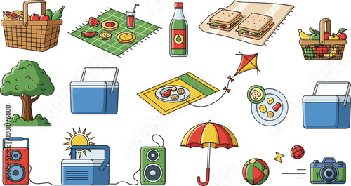 Picnic Outdoor Vector Set with Food Basket Blanket Cooler Umbrella and Summer Leisure Items