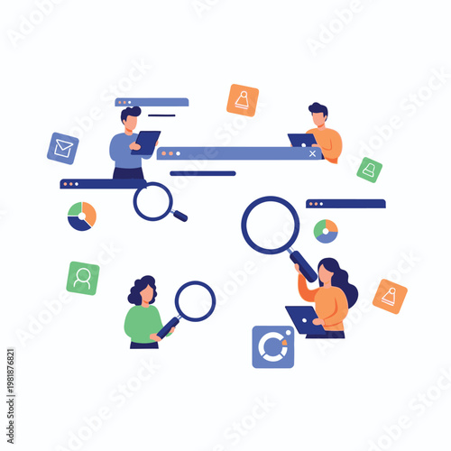 Group of People Analyzing Data With Magnifying Glasses.