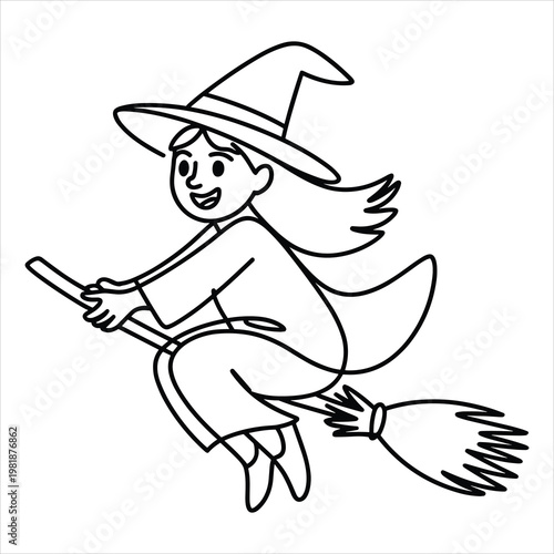 Line of a smiling young witch flying on a broomstick