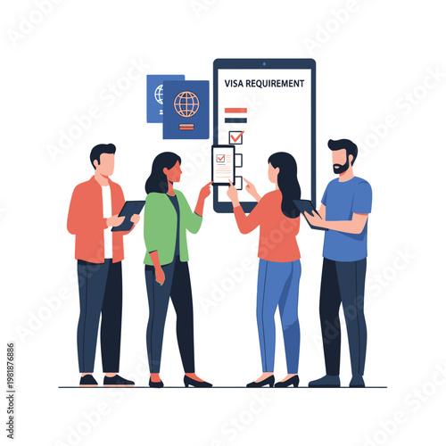 Group of people applying for visa at counter.