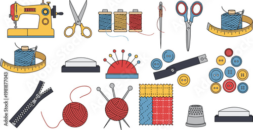 Sewing Tools Vector Set with Sewing Machine Needle Thread Buttons and Tailoring Supplies