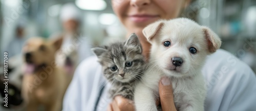Female veterinarian in a white coat holding a cute puppy and a kitten, smiling with a veterinary clinic background