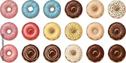 Assorted Donuts with Colorful Frosting, Sprinkles, and Glaze for Bakery Illustrations, Food Designs, and Sweet Treat Artwork