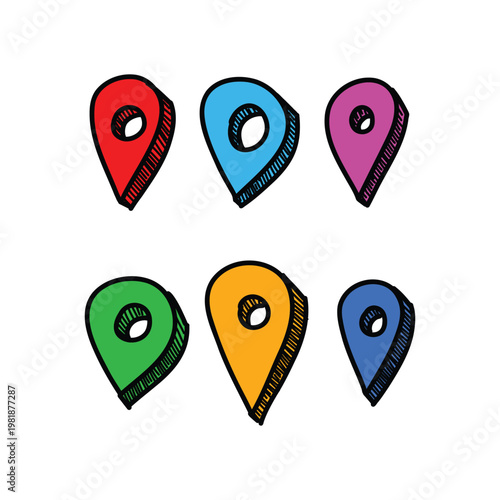 Set of 6 colorful hand-drawn location pin icons. Sketch style map pointers in red, blue, pink, green, orange. Editable vector EPS for travel and web design. Hand Drawn Colorful Map Location Pin Icon.