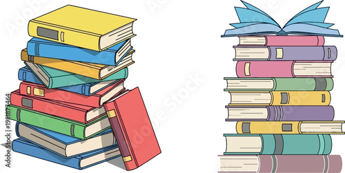Colorful Stacked Books and Open Book Illustrations for Education, Knowledge, Learning Resources, and Digital Book Designs