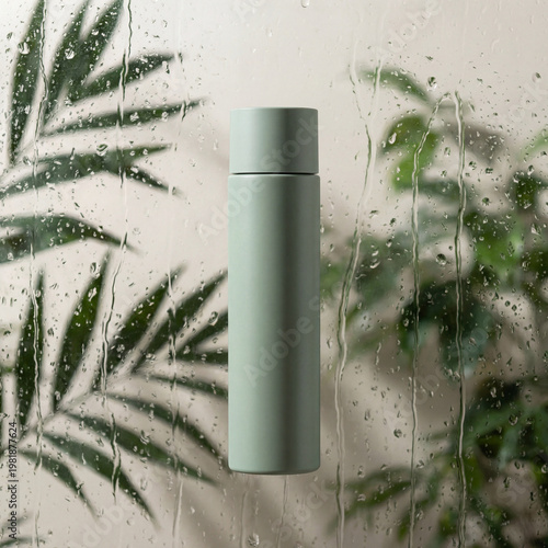 Minimalist sage green bottle mockup against a blurred background of tropical palm leaves behind rain-streaked glass. A clean, aesthetic template for branding, hydration products, or sustainable design