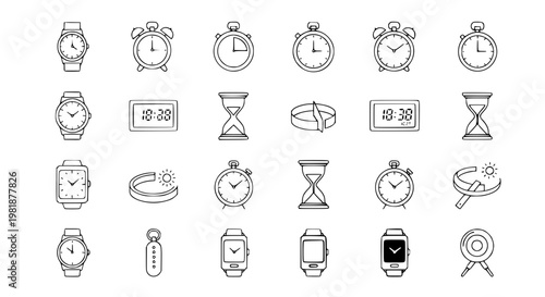 Time clock icons set outline and filled watch timer symbol vector pack