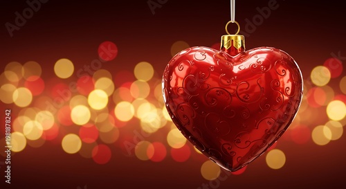 Red Heart Ornament Hanging with Bokeh Lights Background.