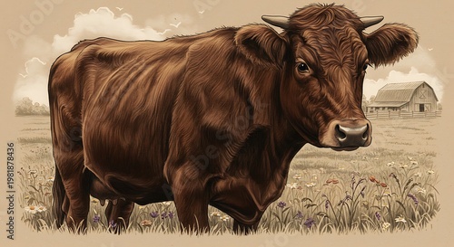 Rustic Brown Cow in Pastoral Landscape Painting.