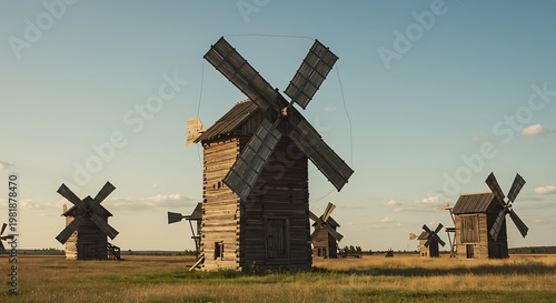 Rustic Wooden Windmills in a Golden Field at Sunset.