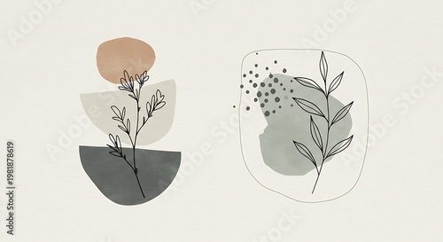 Serene Diptych of Minimalist Botanical Line Art Over Abstract Earth-Toned Shapes.