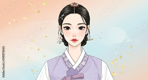 Serene Elegance - Young Woman in Lavender Hanbok, Soft Pastel Portrait.