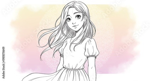 Serene Manga Girl Sketch with Windblown Hair Against a Soft Pastel Watercolor Wash.