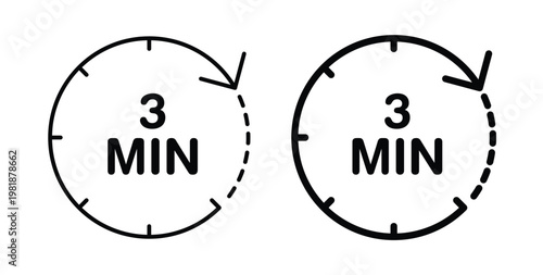 3 minutes icon in black and white color. Solid and linear icons