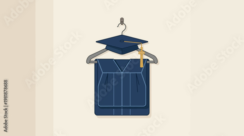 A simple flat design illustration showcasing a graduation gown and cap neatly arranged on a hanger, symbolizing preparation and anticipation for the graduation ceremony.