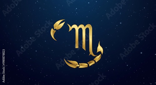Shimmering Golden Scorpio Zodiac Symbol Against a Deep Blue Starry Cosmic Background.