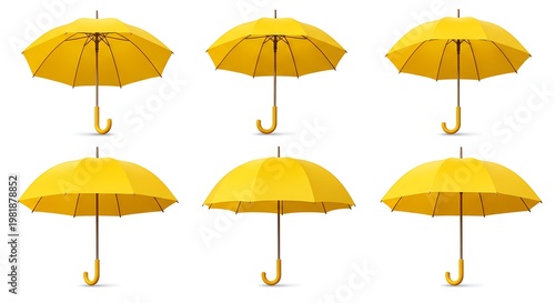 Six Yellow Umbrellas in Various Angles, Isolated on White Background.