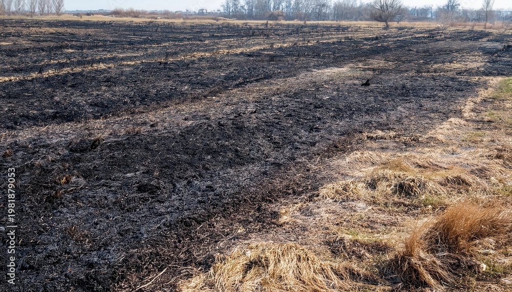 Fototapeta premium Firefly habitat showing burned grasslands in fields and meadows across a rural landscape