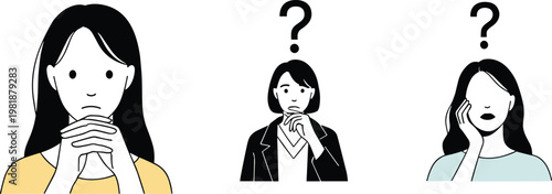 Confused people illustration, question mark above head, uncertainty concept, decision making dilemma, problem solving, thinking characters, doubt expression, pondering situation