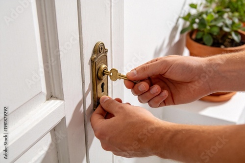 Person inserting key into door lock