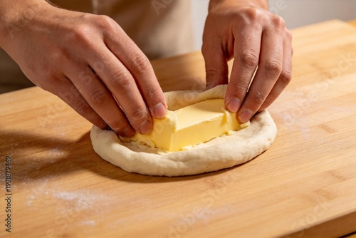 Person placing butter on dough