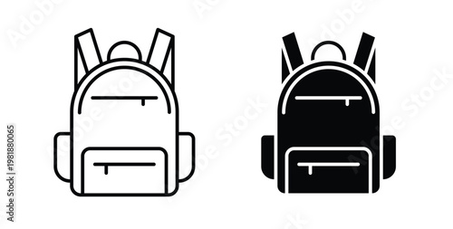 Backpack icon in black and white color. Solid and linear icons
