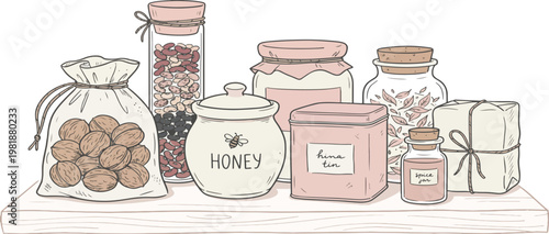 Hand drawn sourdough starter jars set. Rustic sketch style fermentation illustration with labels. Minimal neutral kitchen clipart for baking blogs, recipe cards, packaging, farmhouse decor. Vector.