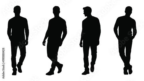 Four silhouetted figures of men standing in various casual poses against a white background
